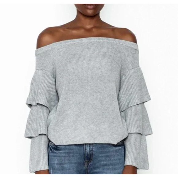 Endless Rose Sweater Romantic Ruffle Off Shoulder Tiered Sleeve Gray Small NWT - Picture 1 of 11